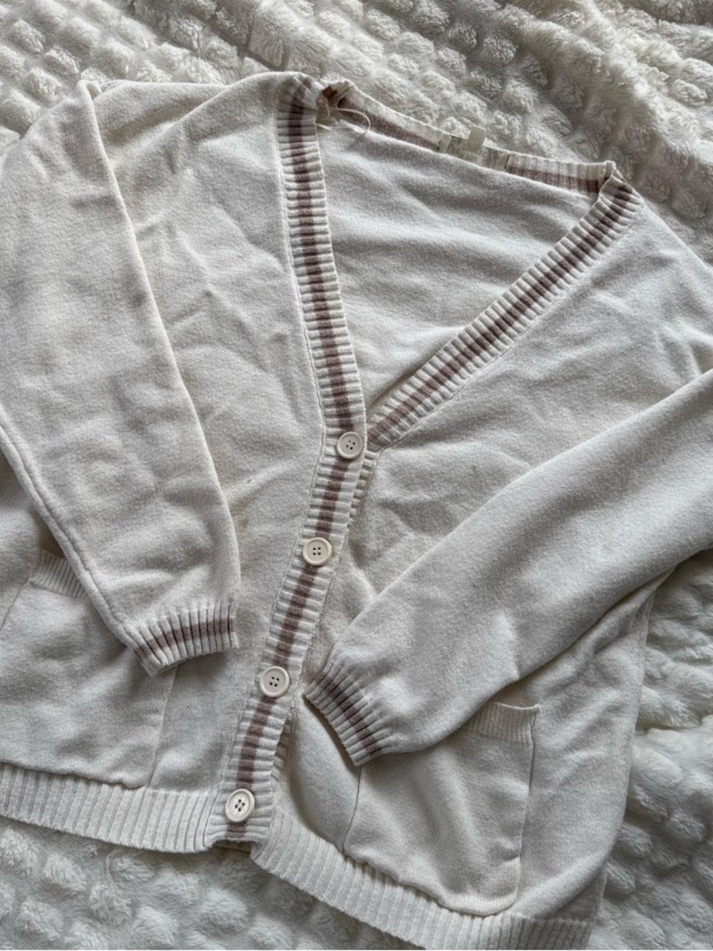 Pink Republic Cream V-Neck Button Cardigan with Tan-Trim